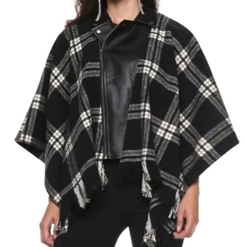 Rock & Republic Plaid Moto Style Cape Poncho Faux Leather Wool blend fringe M/L